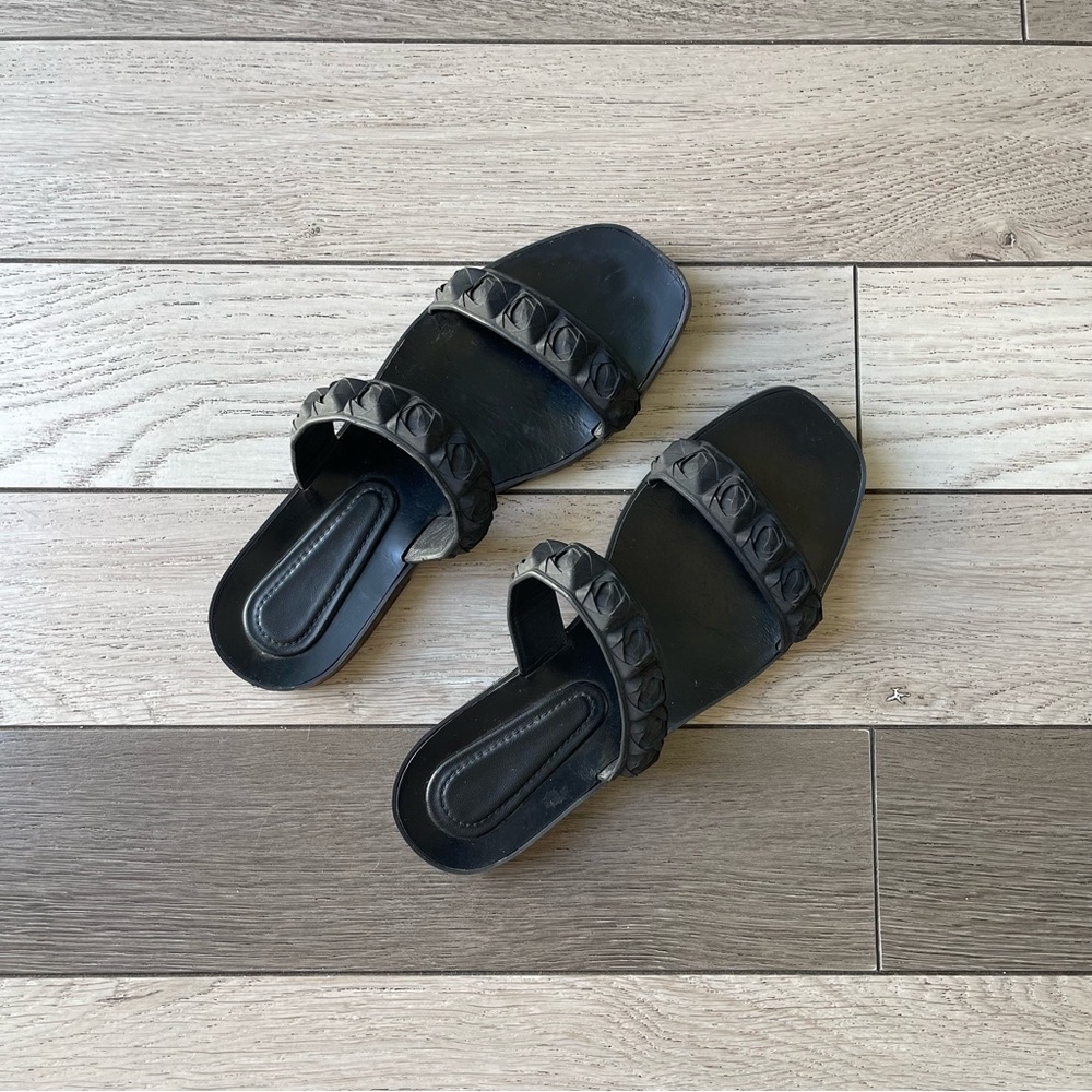 Stuart Weitzman Black Slide Sandals with Studded Straps